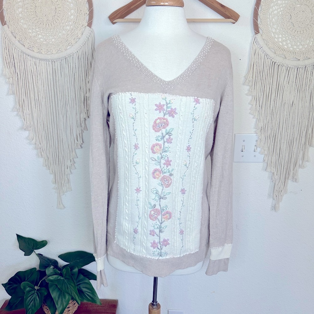 Banana Republic tan merino wool blend upcycled beaded detail sweater large